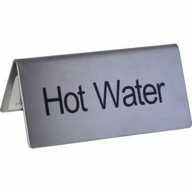 The Update International Hot Water Tent Sign is a silver metallic sign with bold black Hot Water text, designed to stand upright on flat surfaces. © 2025 1st-line.com