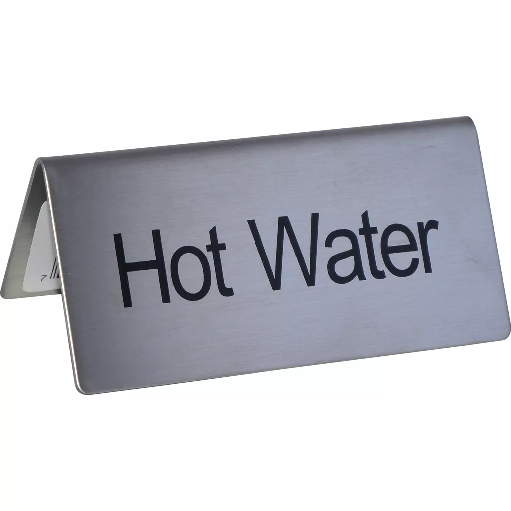 The Update International Hot Water Tent Sign is a silver metallic sign with bold black Hot Water text, designed to stand upright on flat surfaces. © 2025 1st-line.com