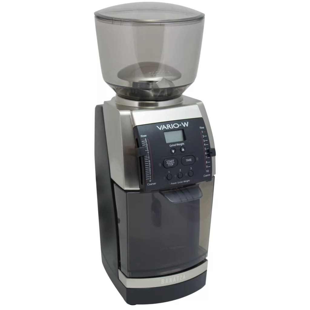 The Baratza Vario W Weight Based Coffee Grinder features a silver and black design, clear bean hopper, digital display, and front control buttons for precise coffee bean grinding. © 2025 1st-line.com