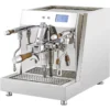 The ACS Vesuvius V2 Dual Boiler Espresso Machine features a shiny stainless steel body, wooden handles, dual spouts, steaming wands, and a digital display screen, all set on a drip tray against a white background. © 2025 1st-line.com