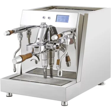 The ACS Vesuvius V2 Dual Boiler Espresso Machine features a shiny stainless steel body, wooden handles, dual spouts, steaming wands, and a digital display screen, all set on a drip tray against a white background. © 2025 1st-line.com