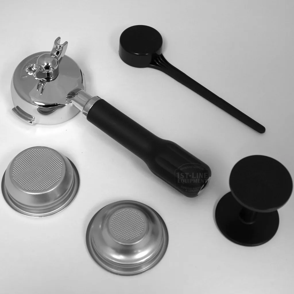 The Lelit XMC020 2-Cup Portafilter Assembly, including a black-handled portafilter, two metal filter baskets, a black tamper, and a distribution tool, is neatly arranged on a white surface for efficient coffee prep. © 2025 1st-line.com