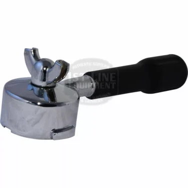 The Lelit XMC12 57mm Dual Spout Portafilter Assembly features a black handle and is shown isolated on a white background. © 2025 1st-line.com