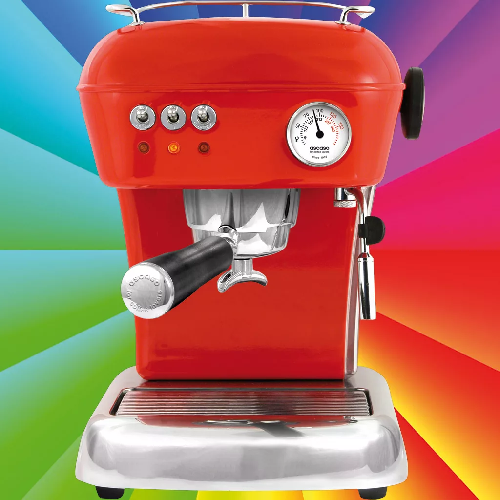A bold red DISCONTINUED Ascaso Dream UP V2 Espresso Machine with dials and a steam wand, displayed against a vivid multicolored burst background. © 2025 1st-line.com