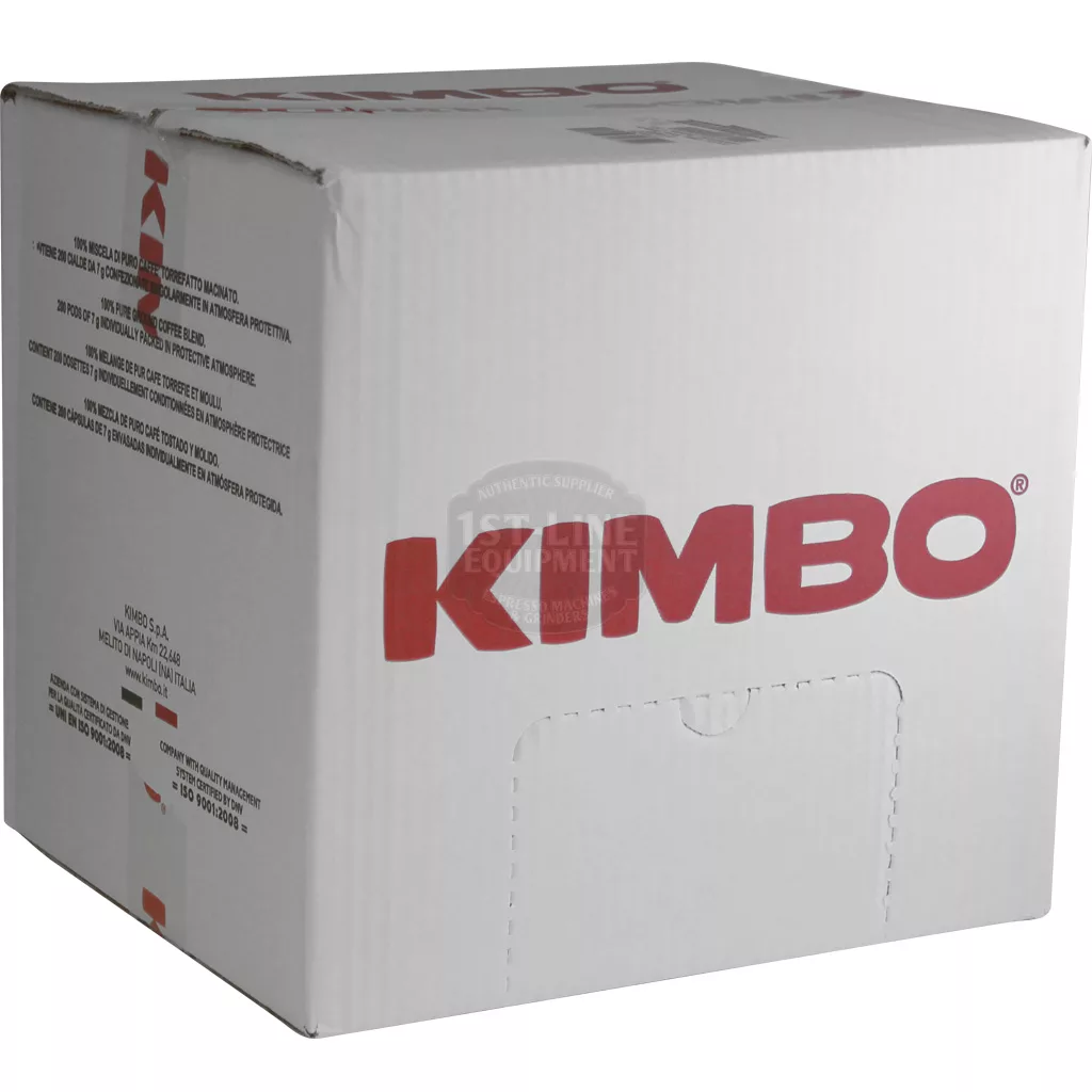 A white cardboard box with KIMBO in red on the side and black text on the left holds SOLD Kimbo Napoli E.S.E. Pods - 200 / case (best use by ----/--/--), with a partially visible flap at the bottom front. © 2025 1st-line.com