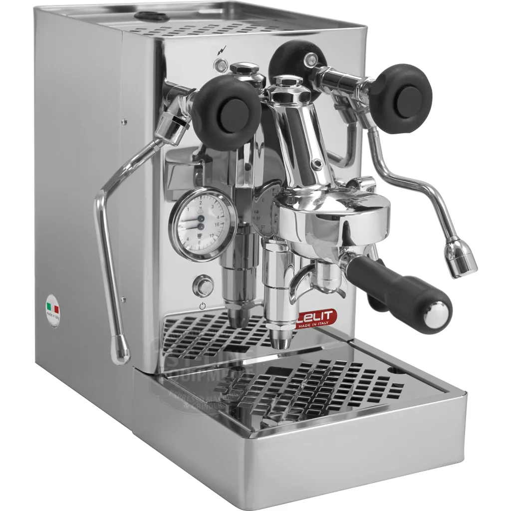 The DISCONTINUED Lelit PL62S Mara HX Espresso Machine features a stainless steel build, pressure gauge, dual steam wands, black handles, and a drip tray—shown at an angle to highlight its polished, professional design. © 2025 1st-line.com