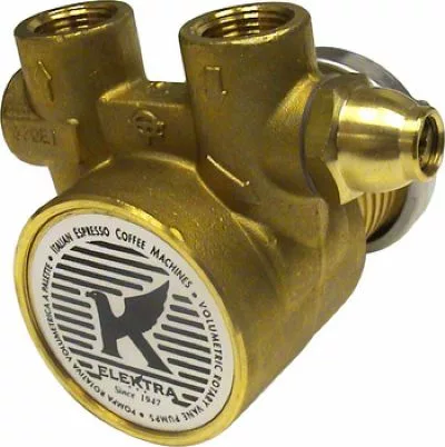 The Elektra 00094035 200 Liter Rotary Vane Pump features a brass part with three threaded openings and a round cap with a bird logo and Elektras Italian Espresso Coffee Machines on a striped background. © 2025 1st-line.com