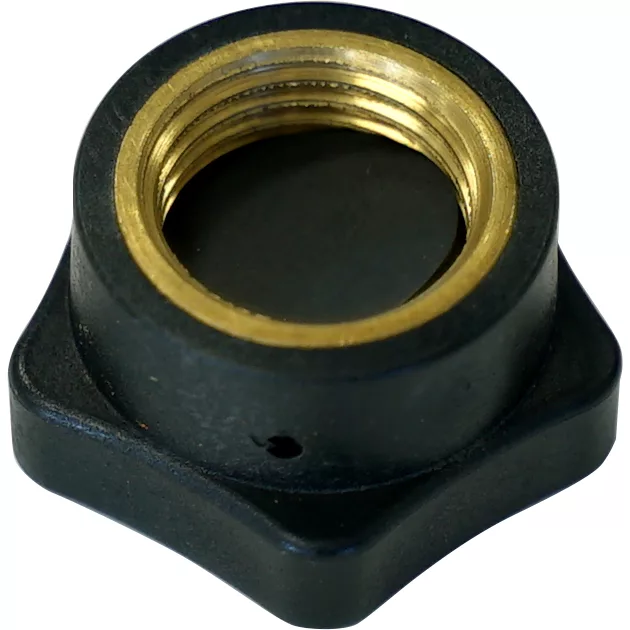 A close-up of the Ponte Vecchio 520-T1090 Boiler Cap Assembly - Export shows a black plastic nut with a square base, circular top opening, and clearly visible brass threaded insert. © 2025 1st-line.com