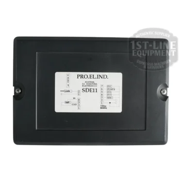 The Fiorenzato A1500074 Electronic Box for 1G Ducale Machine (PROELIND SDE11) is a black rectangular control box with a white wiring diagram, designed for use in espresso machines.