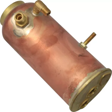 The VBM CALDDOMS2BCAF Coffee Boiler is a cylindrical copper component with brass fittings and threaded connectors, designed for plumbing or heating uses, shown isolated on a white background. © 2025 1st-line.com