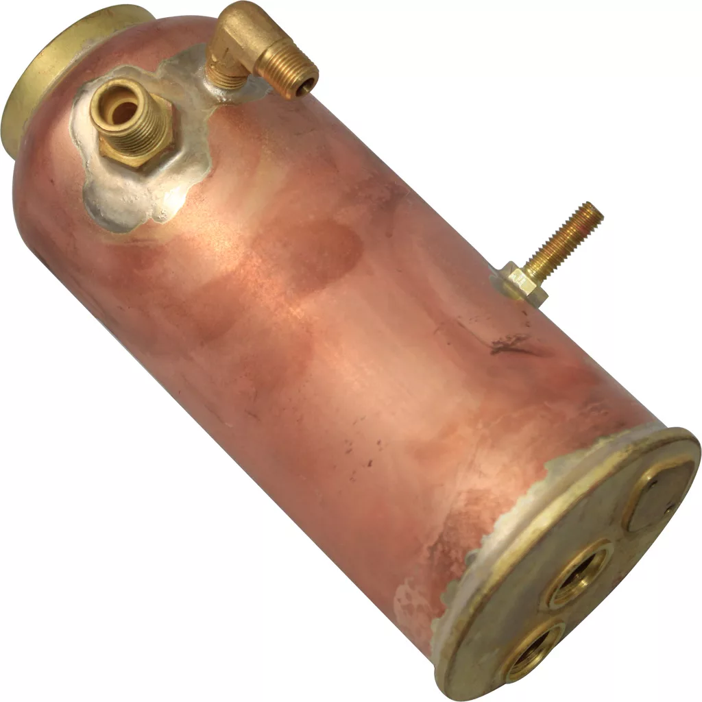 The VBM CALDDOMS2BCAF Coffee Boiler is a cylindrical copper component with brass fittings and threaded connectors, designed for plumbing or heating uses, shown isolated on a white background. © 2025 1st-line.com