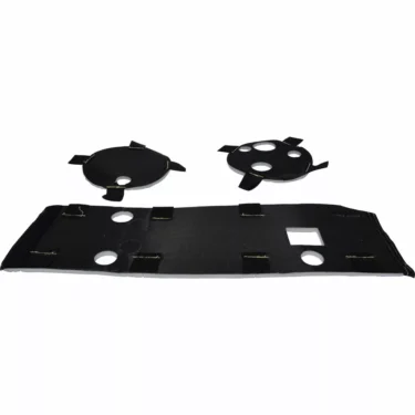 VBM COPEISOLCAVAS Steam Boiler Insulation includes three black fabric pieces—two round covers with tabs and one rectangular piece, all with circular cutouts and stitched edges, designed for steam boiler insulation. © 2025 1st-line.com