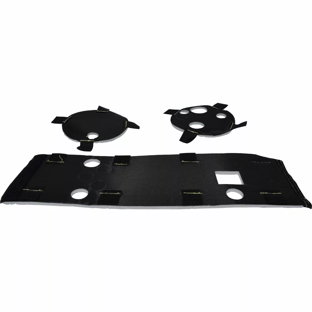 VBM COPEISOLCAVAS Steam Boiler Insulation includes three black fabric pieces—two round covers with tabs and one rectangular piece, all with circular cutouts and stitched edges, designed for steam boiler insulation. © 2025 1st-line.com