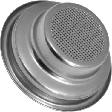 A close-up of the Orchestrale 1 Cup Filter Basket/Cup - Nota- 9G, a metal basket with fine mesh for holding coffee grounds during espresso brewing. © 2025 1st-line.com