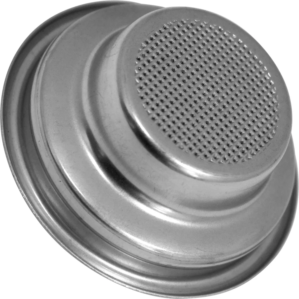 A close-up of the Orchestrale 1 Cup Filter Basket/Cup - Nota- 9G, a metal basket with fine mesh for holding coffee grounds during espresso brewing. © 2025 1st-line.com