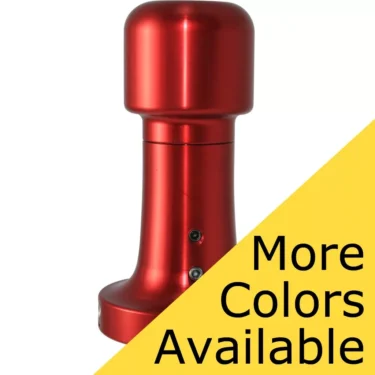 A metallic red Joe Frex/Concept Art Technic Tamper Handle w/ Adjustable Tamping Pressure, featuring a rounded top, is shown on a white background. A yellow diagonal banner states “More Colors Available” in black text. © 2025 1st-line.com