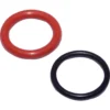 Two rubber O-rings, one red and one black, sit on a white background. The red ring is an Ascaso I.1218 Heating Element Resistance Gasket 17X12X2 mm; the smaller black ring is commonly used as a resistance gasket. © 2025 1st-line.com