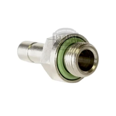 Close-up of the Lelit MC071 Rear Steam Valve Coupling, featuring a hexagonal nut, green O-ring, and cylindrical end, isolated on a white background.