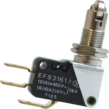 Close-up of the La Nuova Era NE443 Grouphead Lever Microswitch featuring three gold terminals, a black plastic EF83161.1 housing, and a metal plunger actuator with roller—compatible with La Nuova Era espresso machines. © 2025 1st-line.com