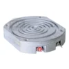 The Pasquini T-2 Group Heater - Livietta is a rectangular metal heater with spiral grooves on top and two side connectors&mdash;one red, one white&mdash;for Pasquini T-2 or Livietta machines.