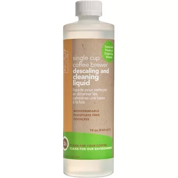 A 14 oz bottle of DISCONTINUED Full Circle Single Cup Coffee Brewer Descaling & Cleaning Liquid, with a beige and green label, features a biodegradable, phosphate-free, and odorless formula for effective maintenance. © 2025 1st-line.com