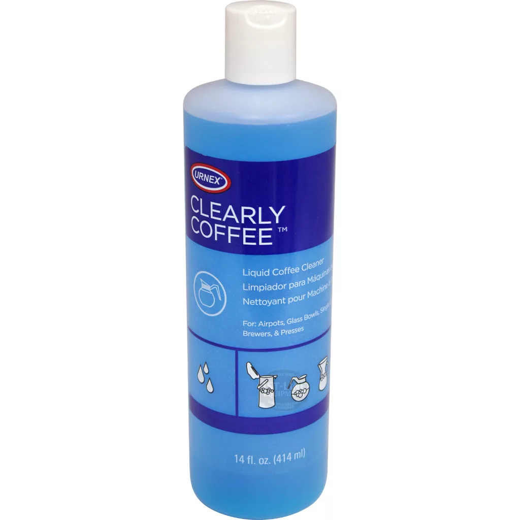 A 14 oz bottle of Urnex Clearly Coffee Liquid Coffee Cleaner with a blue label and cleaning instructions for airpots, glass bowls, servers, brewers, and presses. © 2025 1st-line.com