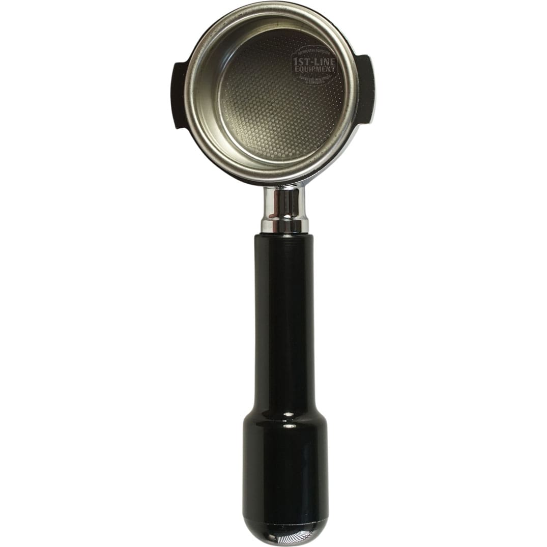 A 1st-line Bottomless E61 Portafilter with a black handle, 3-cup 58mm basket, and ~6.5mm lips is displayed against a white background. © 2025 1st-line.com