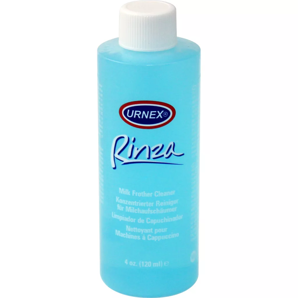 A 4 oz blue bottle of Urnex Rinza, with a white cap, designed for cleaning milk frothers and steam wands on cappuccino machines. The label details its use in multiple languages. © 2025 1st-line.com