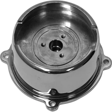 A 57 mm shiny brass Ascaso Group Bell for Versatile models, featuring a central hole, two smaller holes, and three mounting tabs for secure attachment. © 2025 1st-line.com