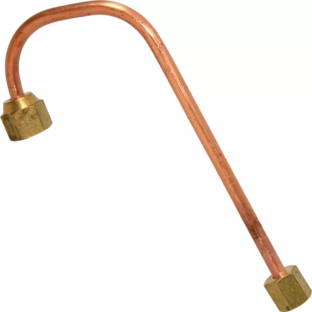 A bent copper pipe with brass hex fittings on both ends, forming an angled shape against a white background. Its a VBM TUBIP887 Solenoid Valve Tube, likely used for plumbing or HVAC system connections. © 2025 1st-line.com