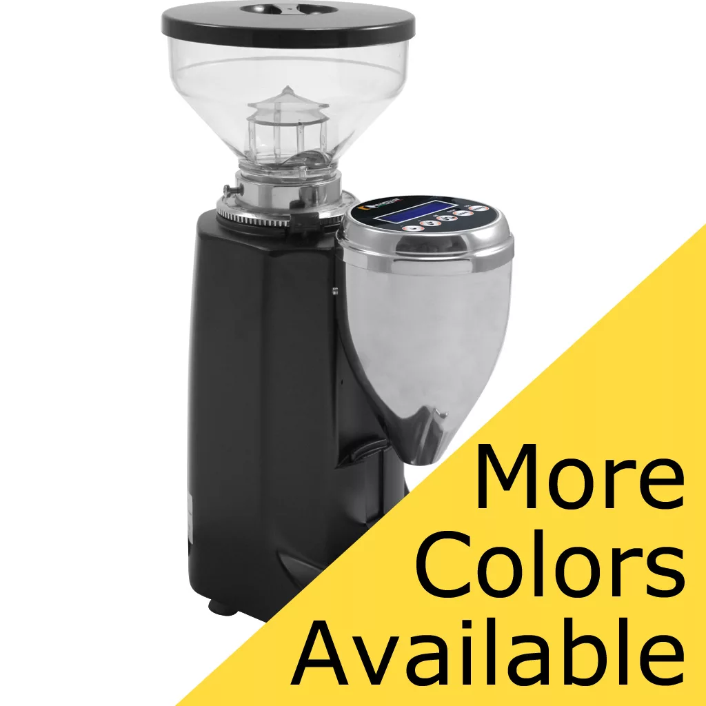 A black and silver DISCONTINUED Quamar M80E V2 On Demand Espresso Coffee Grinder with a digital display sits on a white background. A yellow diagonal banner in the corner reads “More Colors Available” in bold black text. © 2025 1st-line.com