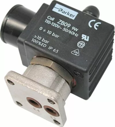 A black and silver Parker solenoid valve coil, model ZB09, is shown with electrical specs and certification markings. It mounts on the Fiorenzato A1900007 3-WAY SOLENOID VALVE 120V 50/60Hz. The metal plate has two circular openings. © 2025 1st-line.com
