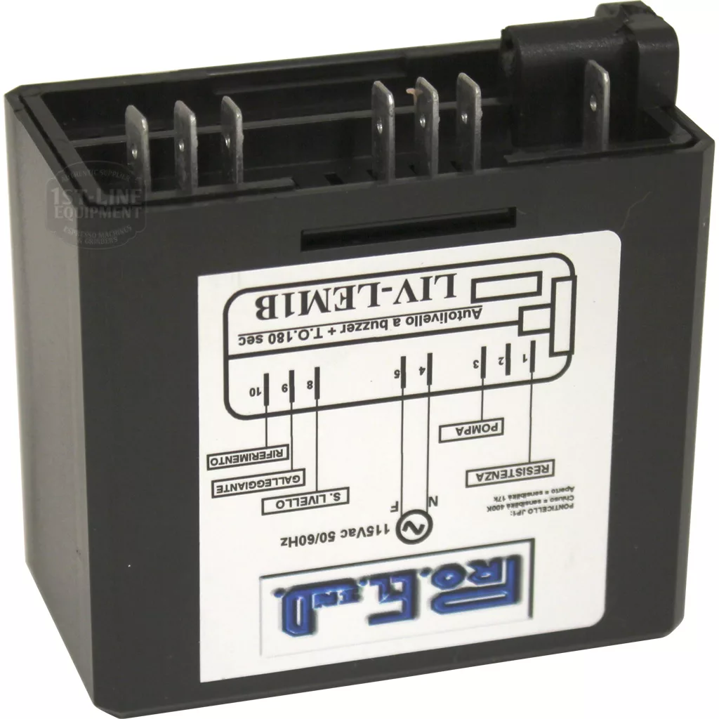 A black electronic control module with a white, upside-down label showing a diagram, numbers, text, wiring connection points, the RIELLO brand, and the Gicar 9600019 Brain Unit (Cod. 9.1.41.47G02). © 2025 1st-line.com