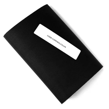 A black fabric pouch with a white label reading CODE: COPESOLCAJUN is shown on a white background, ideal as the VBM COPEISOLCAJUN(=COP Thermal Insulation Covering for applications needing thermal protection. © 2025 1st-line.com