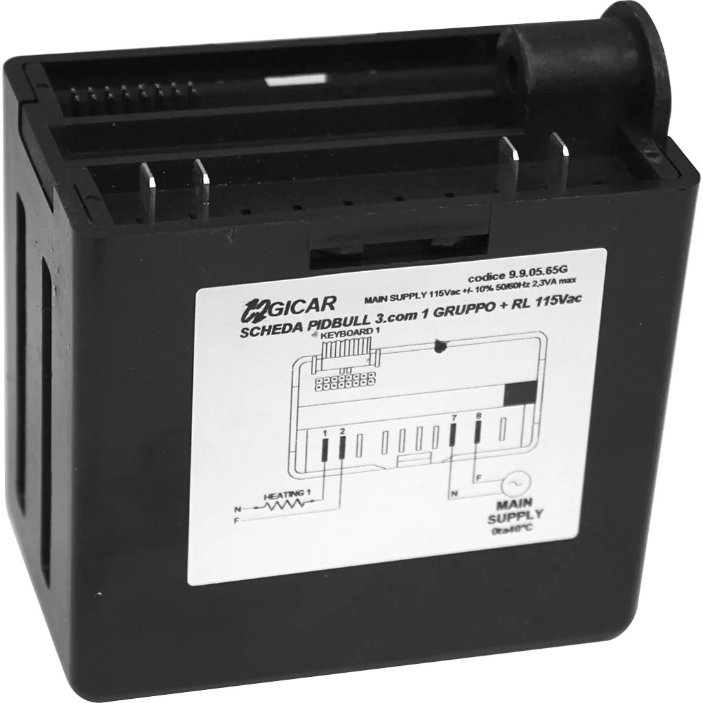 A black Gicar ELETDOSPIDRE1 Brain Unit (9.9.05.65G, 115V, VBM DB 2008 Version) features ports and pins on top and a schematic with connection details on the front. © 2025 1st-line.com