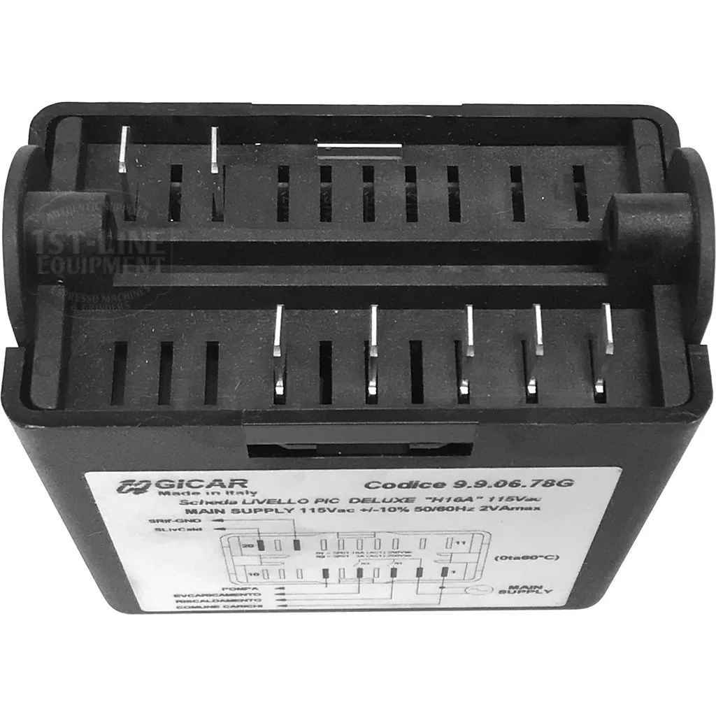 A black Gicar ELETREGLIVDJ1 Brain Unit - 9.9.06.78G, 110V (no 2 pin hole connector), for VBM Domobar Junior HX, with front slots and printed specs, is shown from a top-front angled view. © 2025 1st-line.com