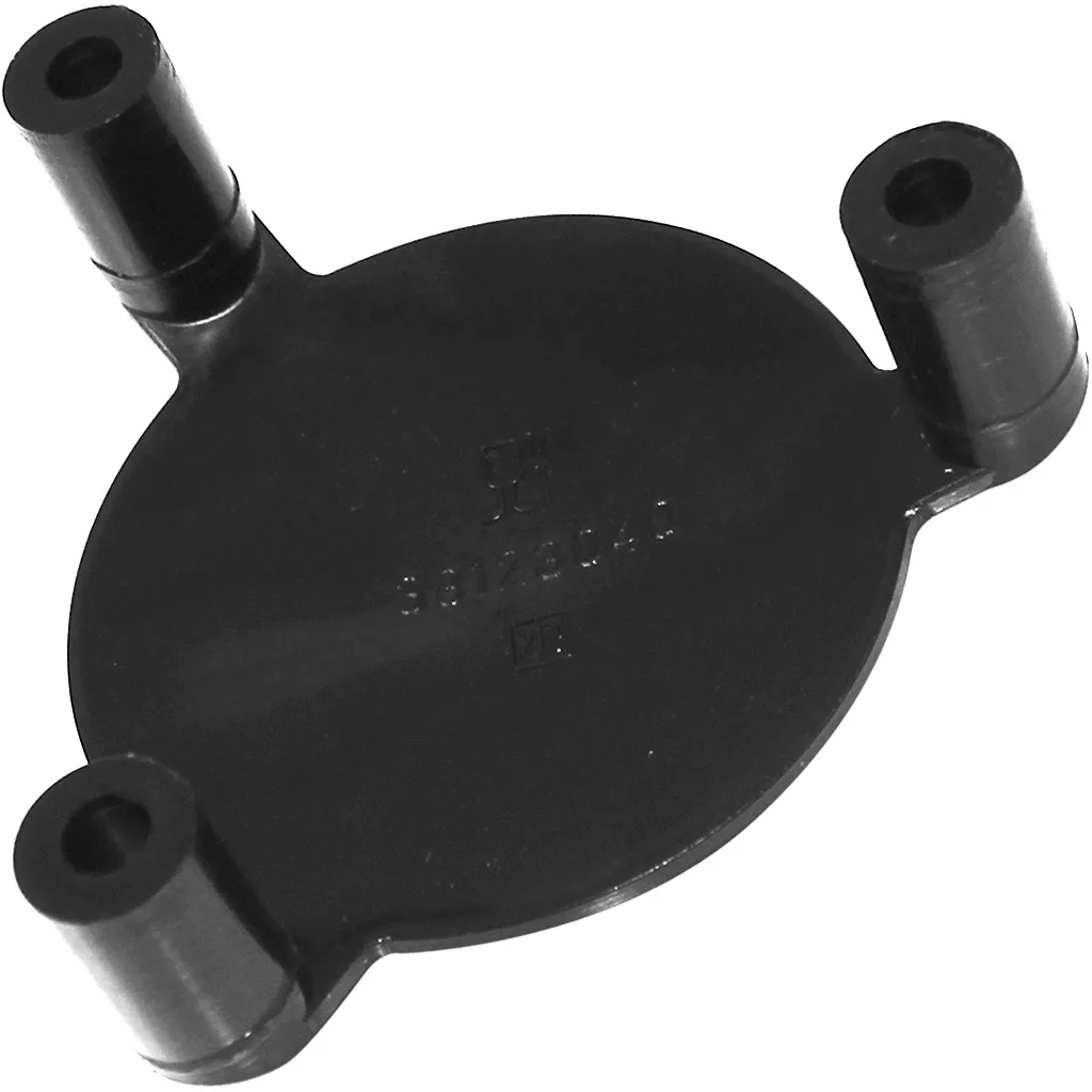 A black, oval plastic Rancilio 38123040 Bean Hopper Finger Guard with three evenly spaced cylindrical mounting posts is shown against a white background, displaying indented markings and numbers on its surface. © 2025 1st-line.com