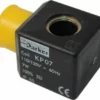 A black Parker Solenoid Coil KP07 (F.1357 110V) with a yellow connector, labeled 110/120V, 60Hz, 7W, 100% ED, and certification marks. © 2025 1st-line.com
