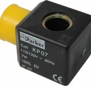 A black Parker Solenoid Coil KP07 (F.1357 110V) with a yellow connector, labeled 110/120V, 60Hz, 7W, 100% ED, and certification marks. © 2025 1st-line.com