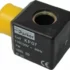 A black Parker Solenoid Coil KP07 (F.1357 110V) with a yellow connector, labeled 110/120V, 60Hz, 7W, 100% ED, and certification marks. © 2025 1st-line.com