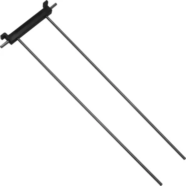 A black plastic and metal wheel alignment tool, similar to the Rocket Water Level Control Probe - Giotto/Cellini Classic, with two parallel rods and a flat central connector for measuring or calibrating wheel alignment. © 2025 1st-line.com