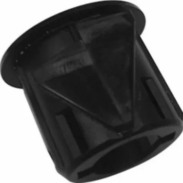 A black plastic cylindrical insert with a flanged rim and grooved sides, designed as a tube end cap or furniture glide—compatible with VBM ELETPULSUPOVD Bipolar Switch Oval Support systems. © 2025 1st-line.com