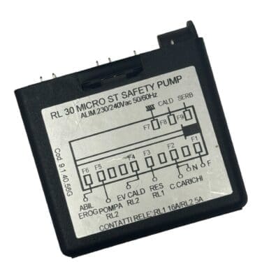 A black rectangular device labeled Gicar Brain Unit - 9.1.40.56G, 230 VOLTS for Fiorenzato Bricoletta/Volante, Colombina, featuring a diagram, connectors, and technical specs on the front panel. © 2025 1st-line.com