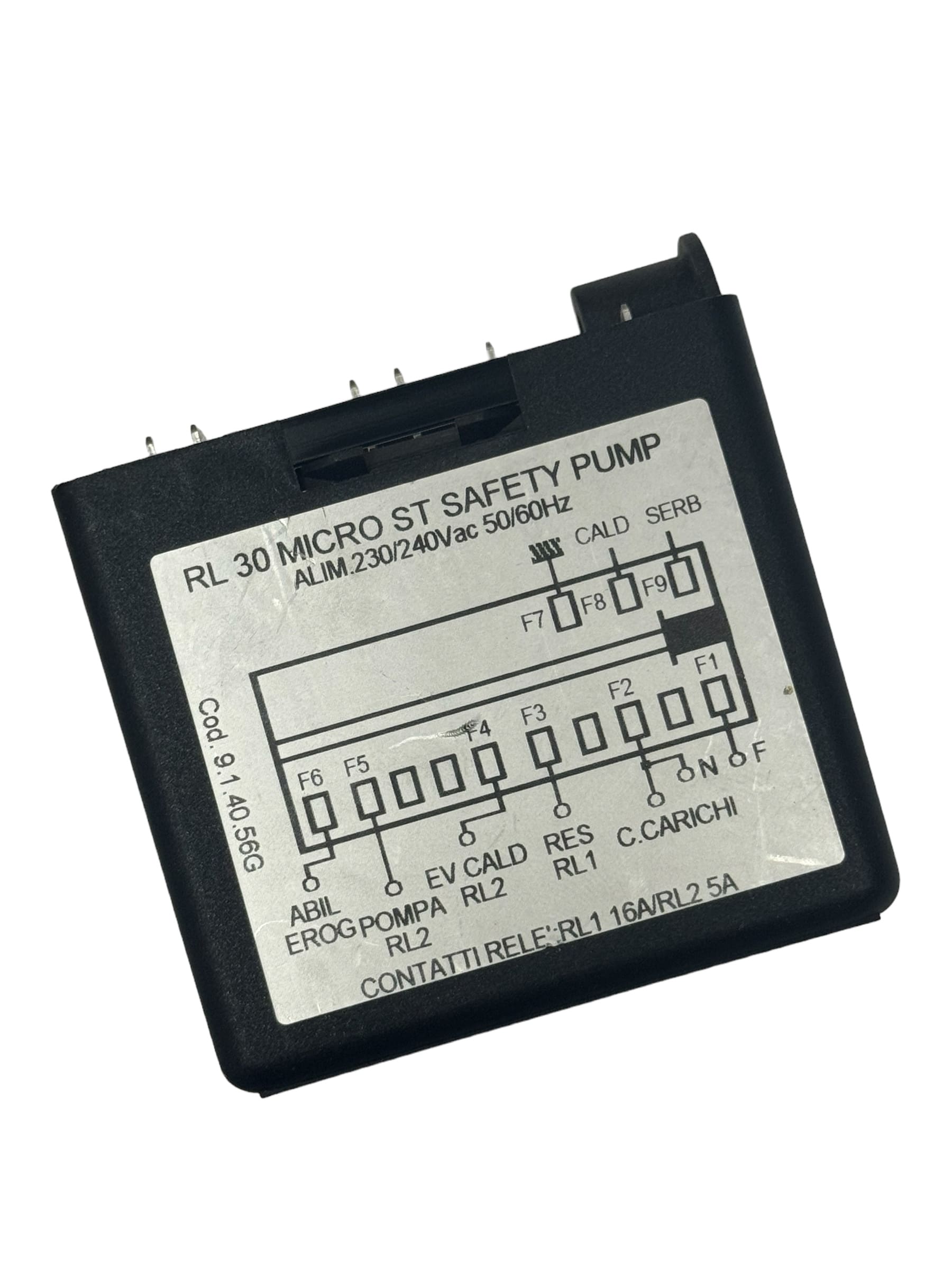 A black rectangular device labeled Gicar Brain Unit - 9.1.40.56G, 230 VOLTS for Fiorenzato Bricoletta/Volante, Colombina, featuring a diagram, connectors, and technical specs on the front panel. © 2025 1st-line.com