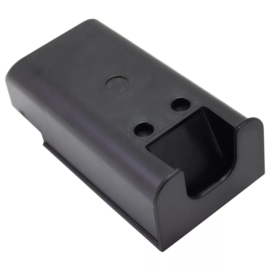 A black rectangular plastic wall mount bracket with two screw holes and an open slot, designed to hold or secure the Lelit MC209 Small Drip Tray. © 2025 1st-line.com