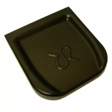 A black, rectangular Rancilio 38-123-678 removable plastic grind tray for Rocky V3, featuring rounded edges and an embossed abstract design in the center. © 2025 1st-line.com