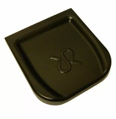 A black, rectangular Rancilio 38-123-678 removable plastic grind tray for Rocky V3, featuring rounded edges and an embossed abstract design in the center. © 2025 1st-line.com