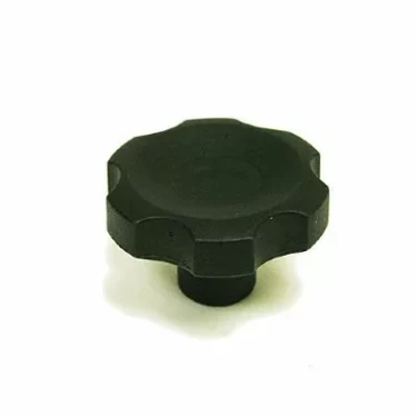 A black, round plastic knob with scalloped edges and a short cylindrical base, shown on a white background. This is the Fiorenzato A1600013 Knob, designed exclusively for use with the Fiorenzato Bricoletta. © 2025 1st-line.com