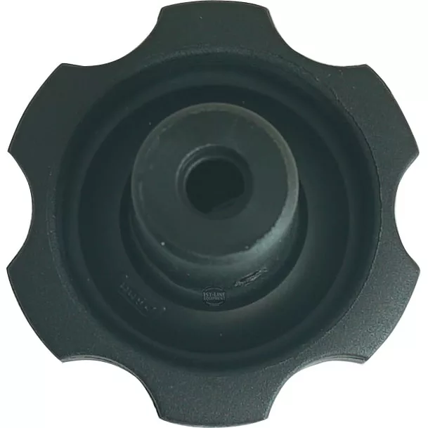 A black, round plastic knob with six gear-like ridges and a central hole, seen from above on white. The Fiorenzato A1600013 Knob is designed exclusively for the Fiorenzato Bricoletta machine. © 2025 1st-line.com