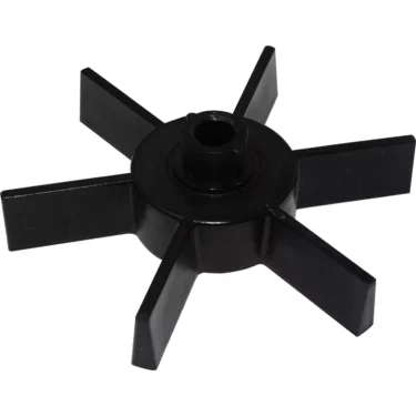 A black six-blade plastic impeller for the Rancilio 38123042 Lower Star - Doser - Rocky, featuring a central circular hub, shown at an angle on a white background. © 2025 1st-line.com